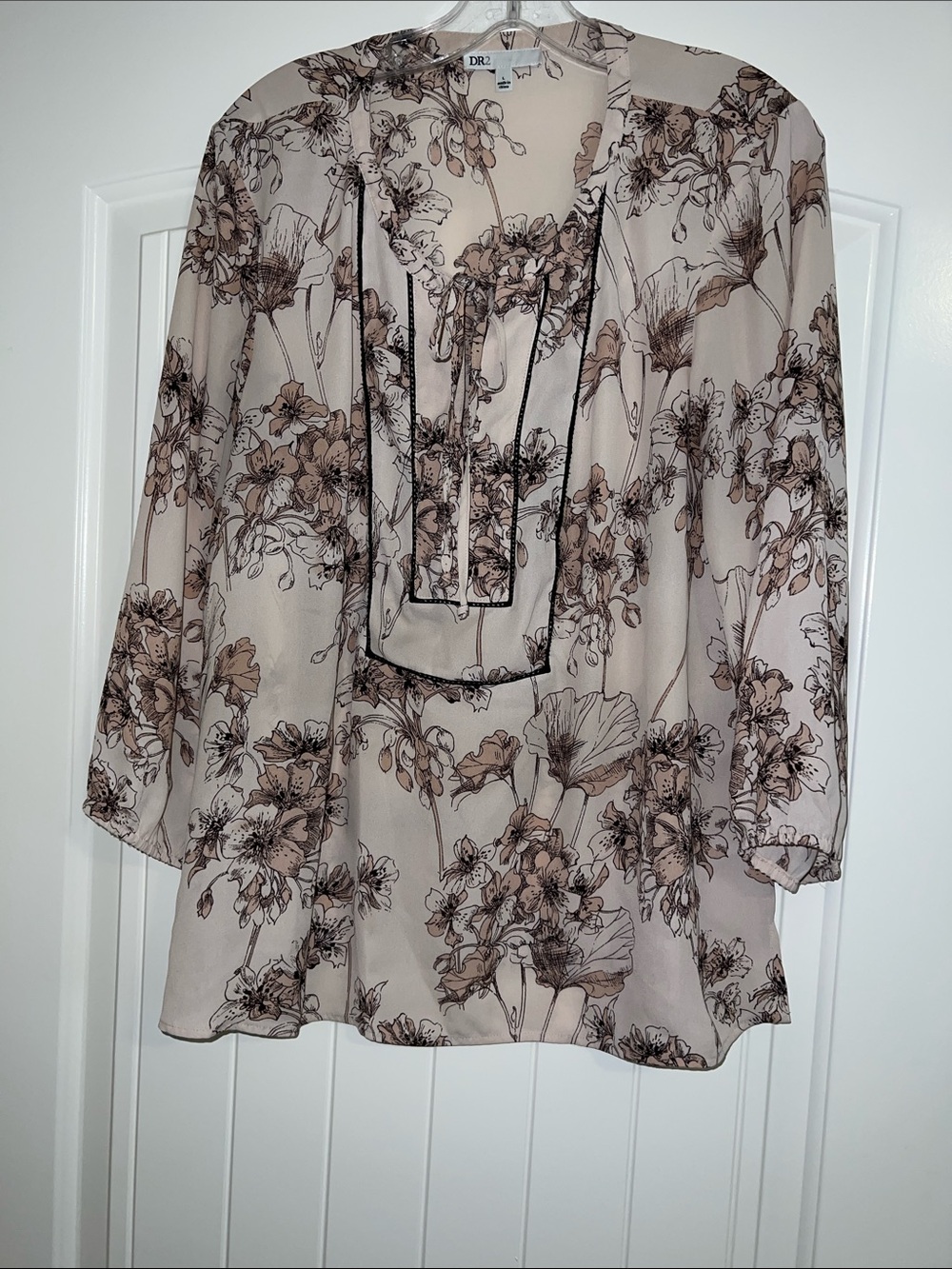 DR2 Floral Sheer V-Neck Tunic in Beige and Brown Accents